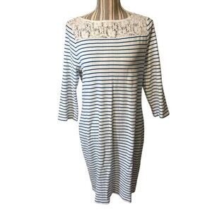 Lauren Ralph Lauren Dress XL Blue White Striped Midi Lace 100% Cotton 3/4 Sleeve